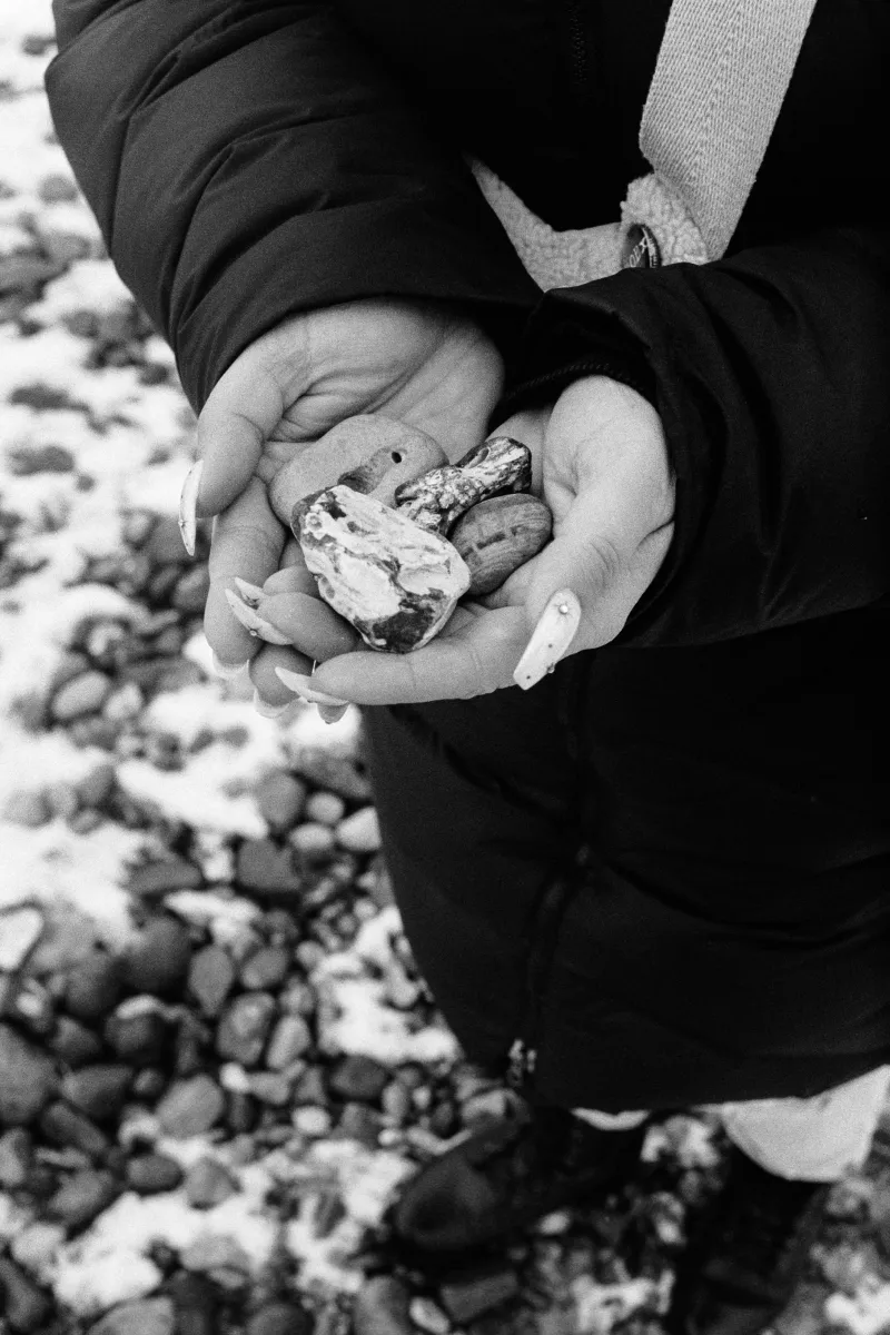 Cupped hands holding collection of seashells and smooth stones from winter beach