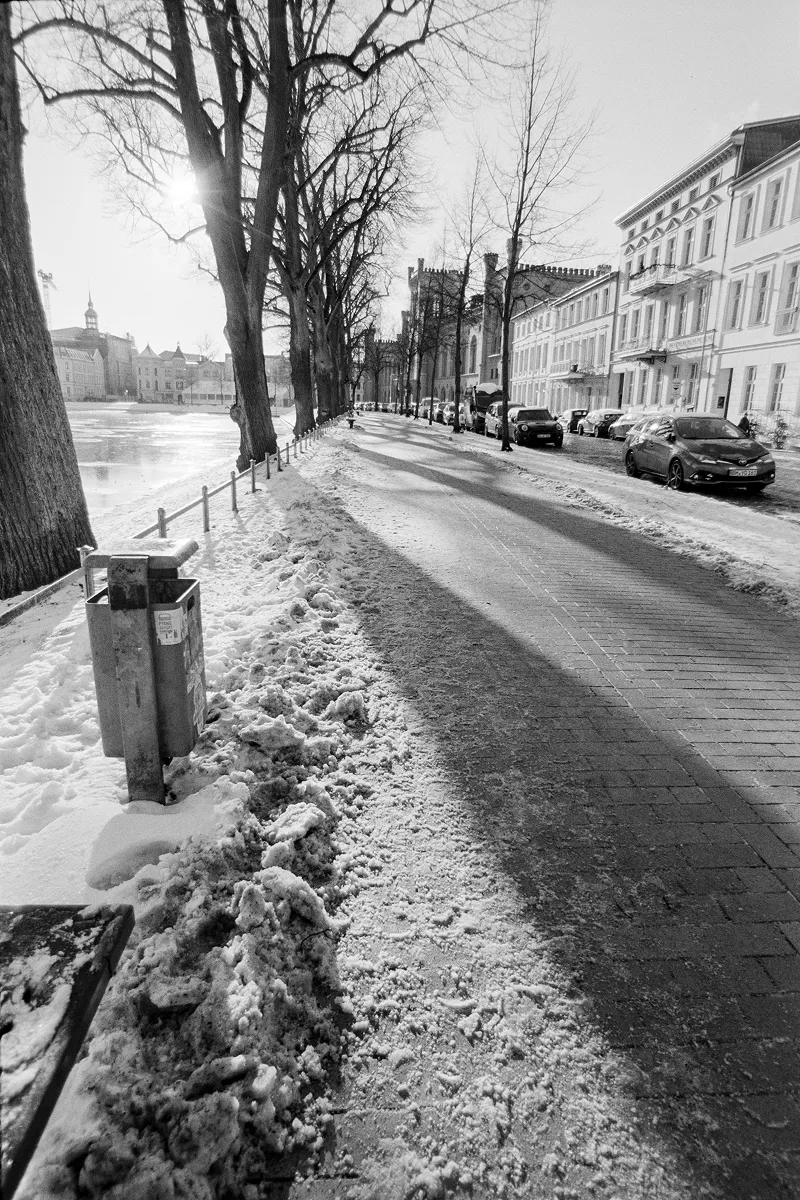 B&W film photo of a snowy tree-lined promenade in Schwerin with long shadows and parked cars under bright winter sunlight.