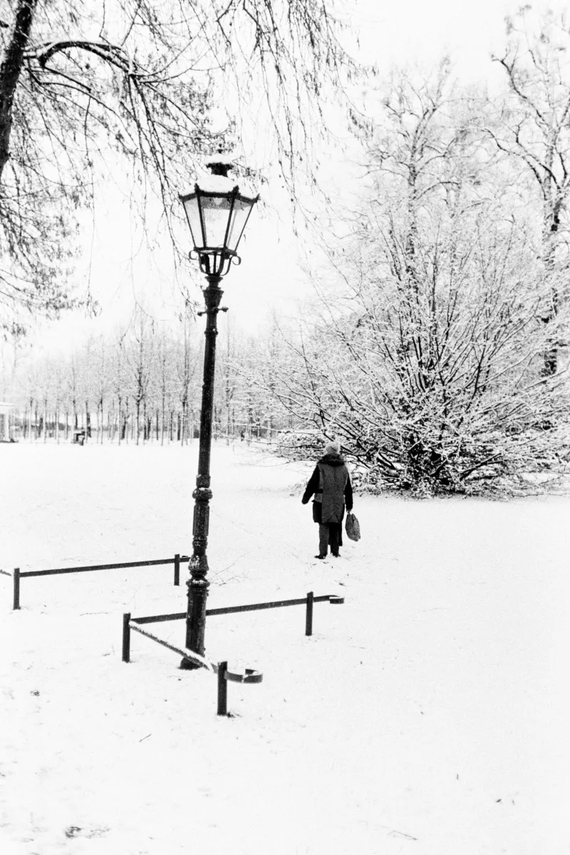 B&W photo of a park with an ornate lamppost and a person walking through deep snow toward distant trees.