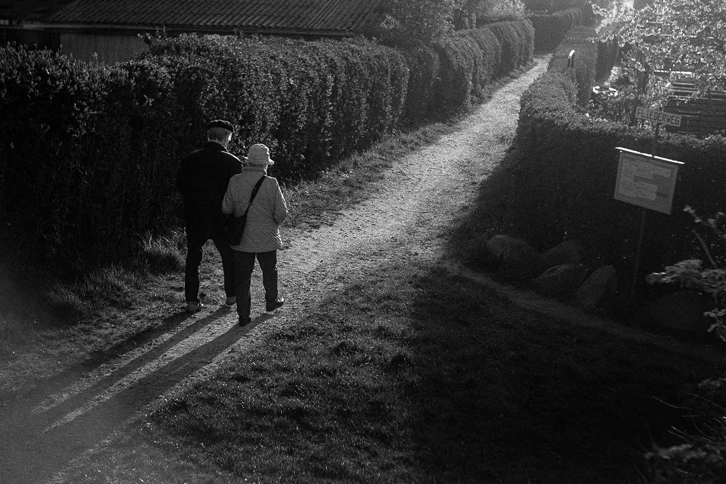 Grainy B&W shot of two elderly people walking away down a sunlit path lined with hedges next to a "Fliederweg" sign.